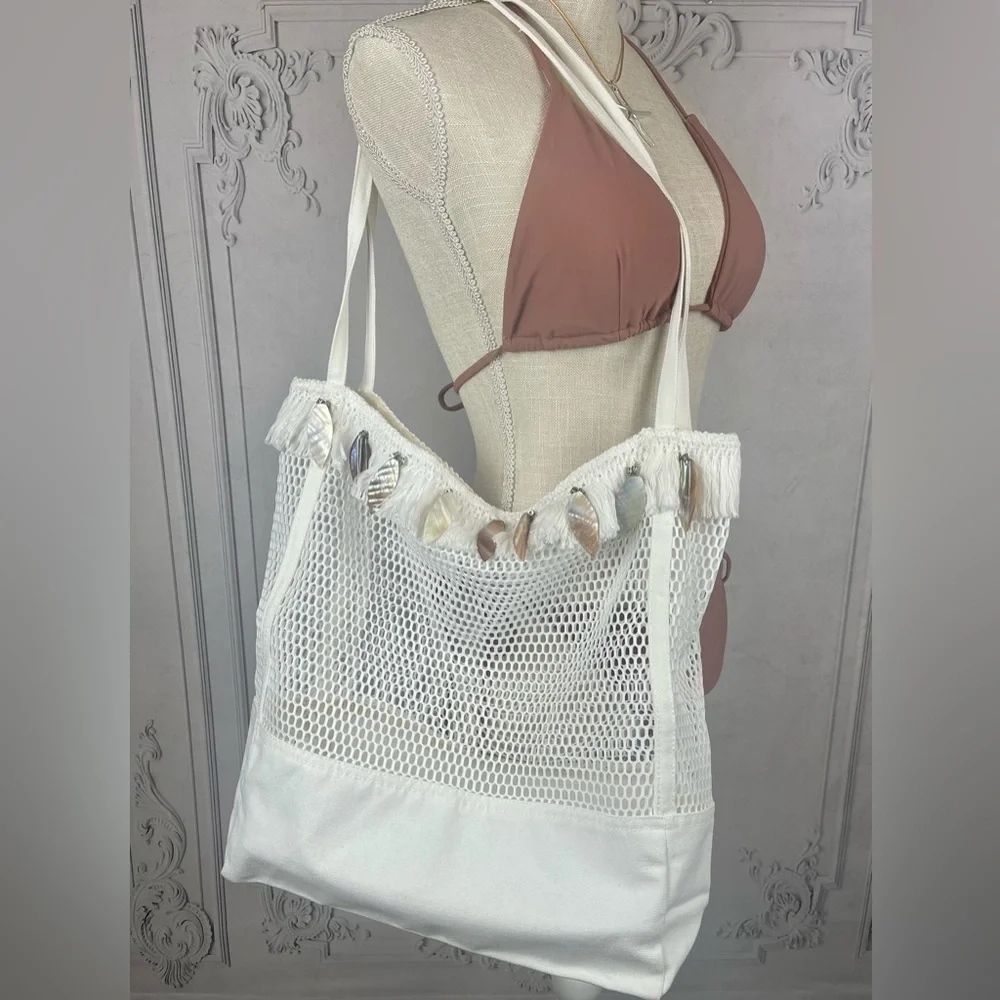 Aruba Bohemian Embellished Fringe Seashell Double Handle Shoulder Tote Bag